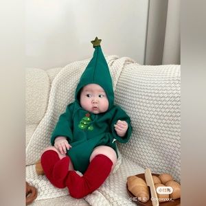 Xmas tree onesie bodysuit with red pompom pants